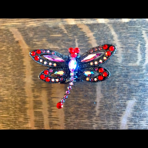 Vintage SNK Stamped Large Swarovski Crystal Dragonfly Claw Clip Hair Jewelry - Picture 1 of 14
